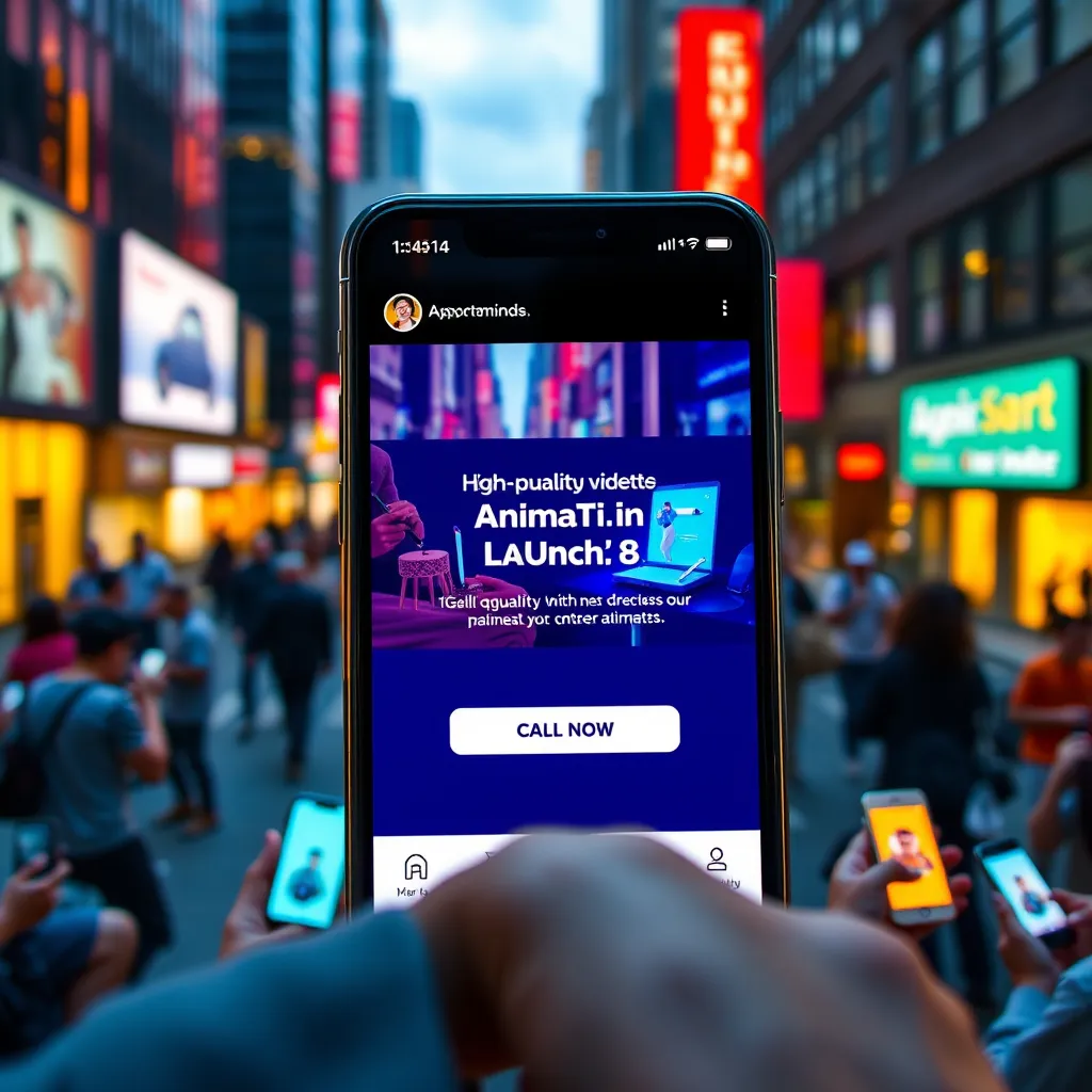 A  phone screen displaying a social media post featuring a high-quality animation video about a product launch, with a call to action button. The background shows a bustling cityscape with various people interacting with their smartphones.