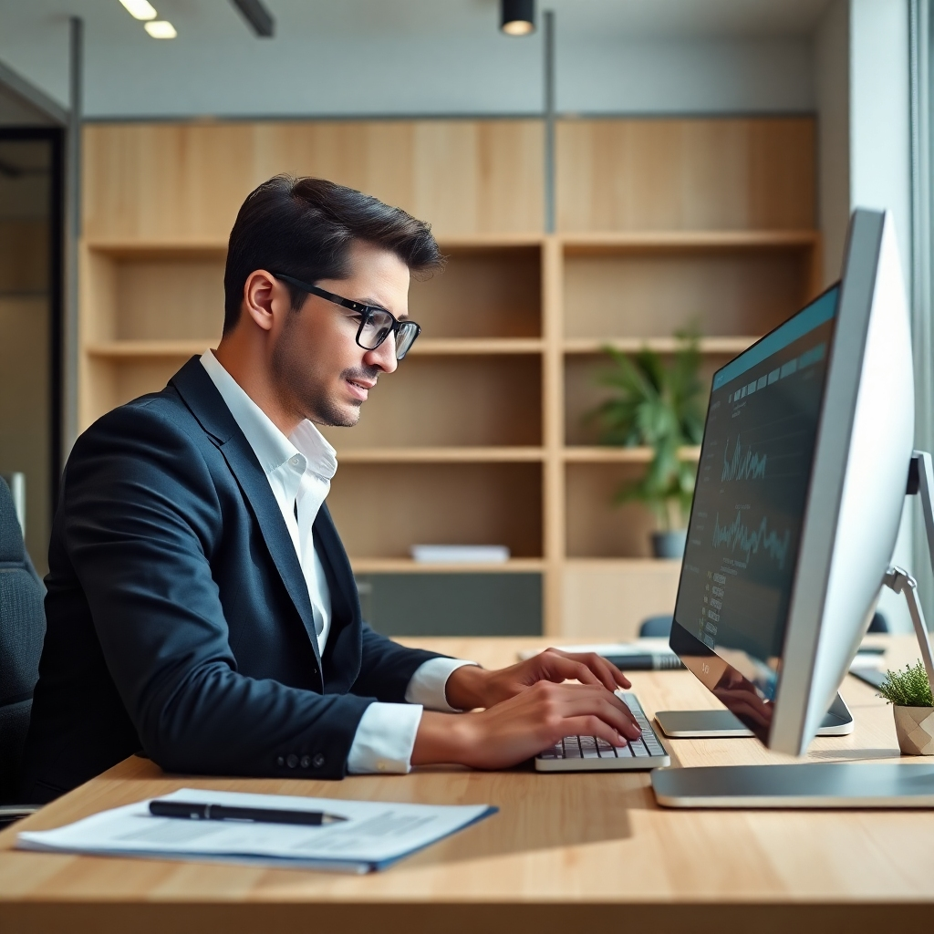 A bright and modern image showing an accountant diligently entering data into financial software on a computer in a professional office. The surrounding décor is sleek, with light wood and metal accents, creating a contemporary environment. The accountant's focused expression and the clarity of the on-screen data represent precision in bookkeeping. This image highlights the importance of accuracy and organization in financial management.