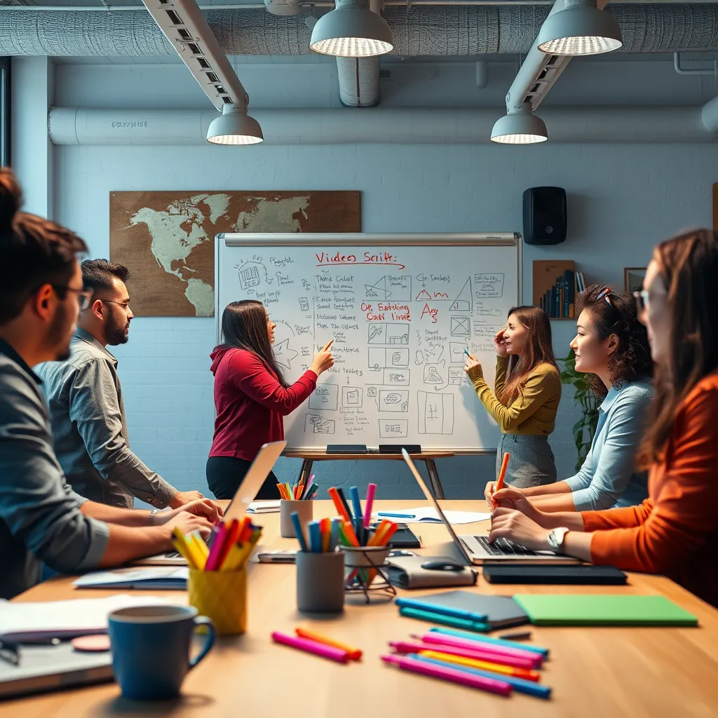 A brightly lit creative workspace featuring a diverse group of professionals brainstorming ideas for video scribing. Show a whiteboard filled with sketches and notes, surrounded by laptops, coffee cups, and colorful markers, conveying an atmosphere of collaboration and creativity.