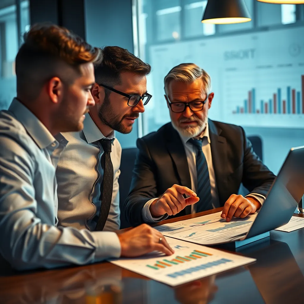 A business owner, dressed professionally, is sitting at a table with a financial advisor. They are both reviewing a detailed financial report, pointing at specific numbers and discussing their business strategy. The scene is filled with graphs and charts, emphasizing the visual representation of data and the impact on decision-making.