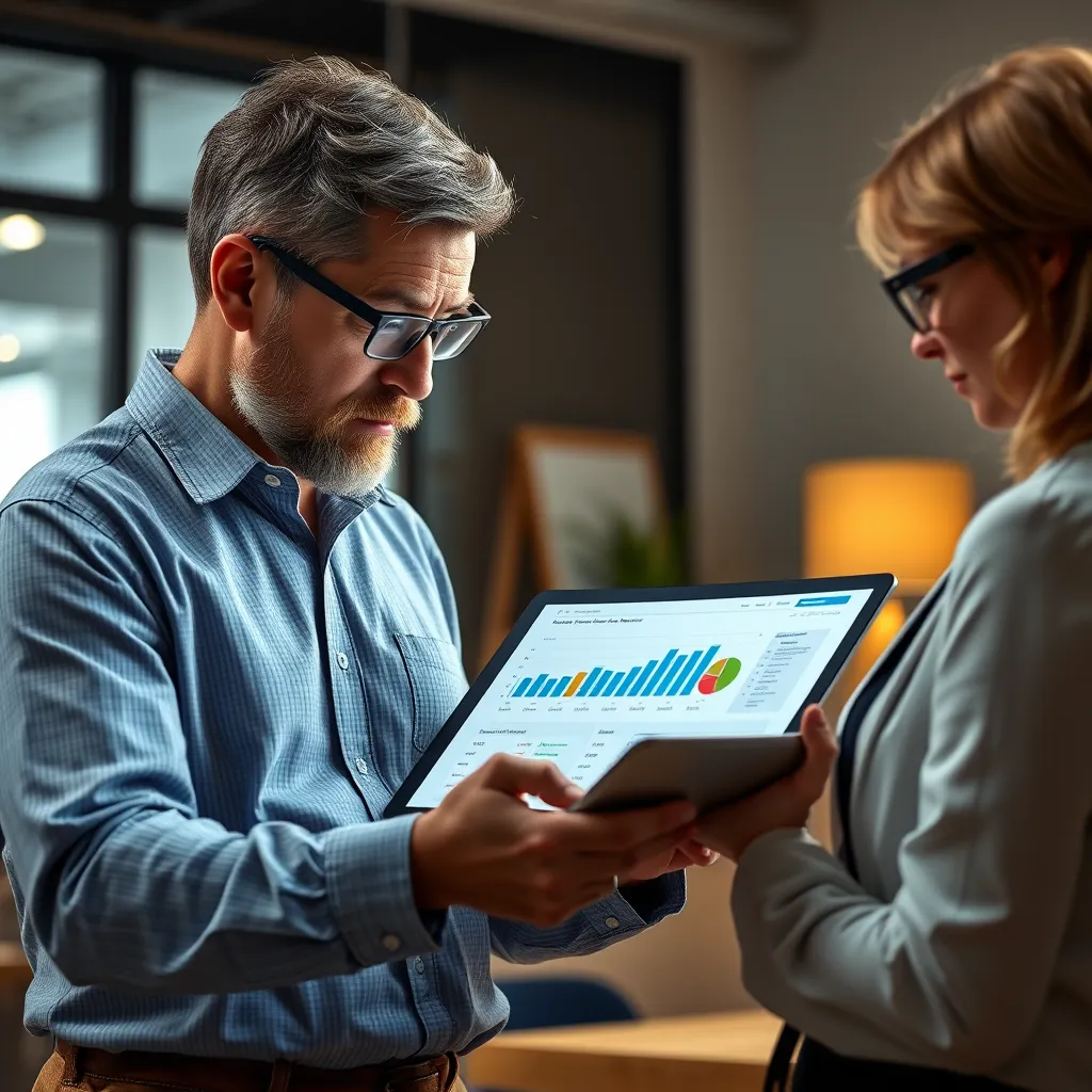 A business owner reviewing a detailed financial report with a professional bookkeeper. The report is presented on a tablet with clear visuals, highlighting key performance indicators. The scene should convey a sense of collaboration and confidence.