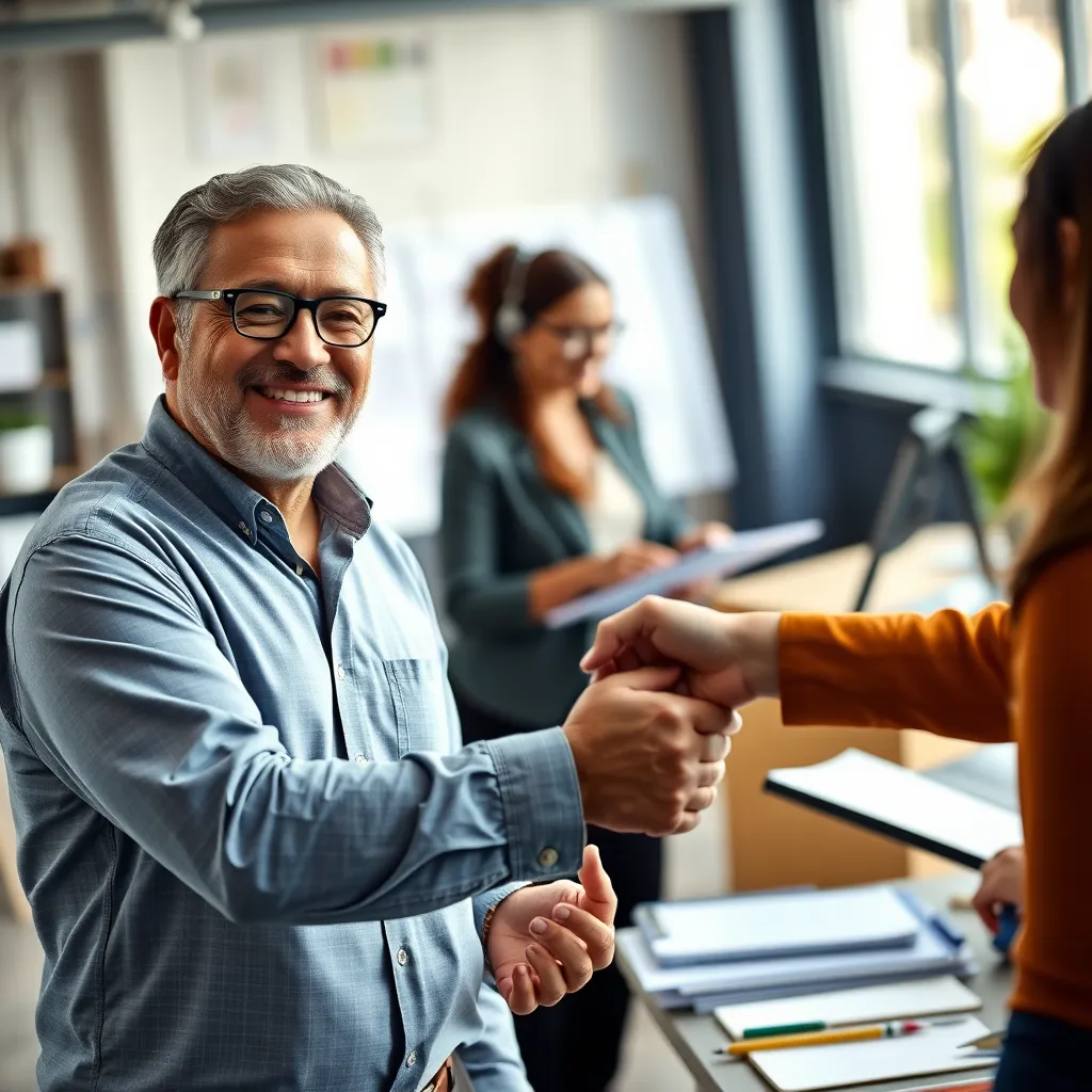 A business owner smiling and shaking hands with a professional bookkeeper. In the background, a team is working on a project, showcasing a productive and efficient environment. The image conveys a sense of partnership and collaboration, highlighting how expert bookkeeping allows business owners to focus on growth.