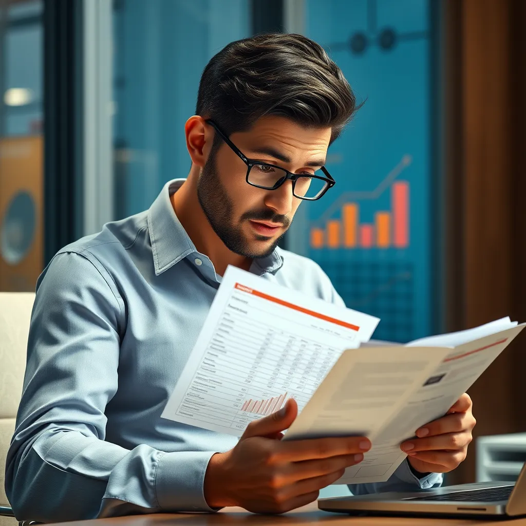 A businessman reviewing a budget sheet with a 30-second animation playing on a laptop screen in the background. The businessman should be looking at the budget with a thoughtful expression, and the animation should be stylized and eye-catching.