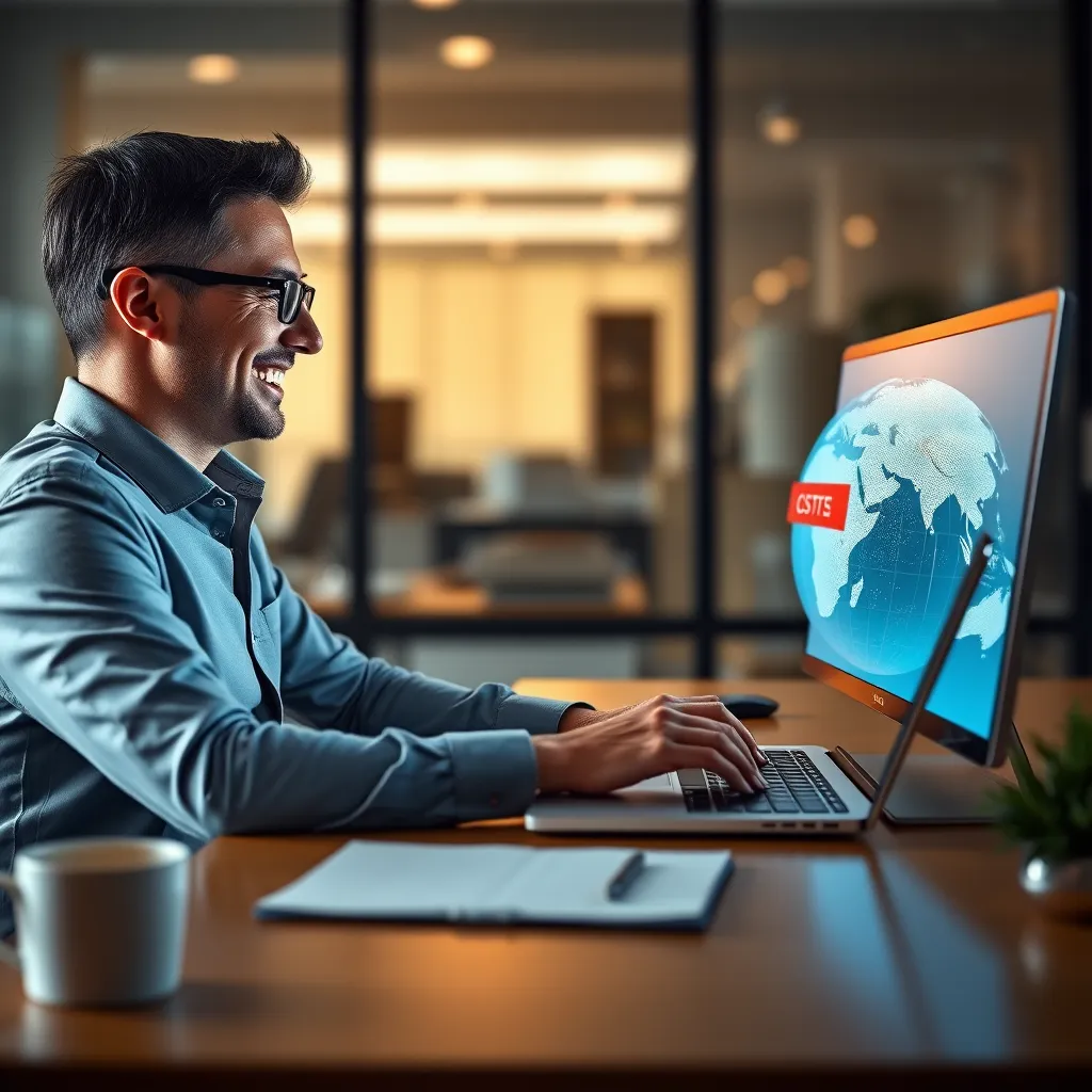 A businessperson seated at a desk, using a laptop with a virtual presentation playing on the screen, smiling and looking at the screen, with a graphic overlay of a globe, illustrating cost savings and global reach.