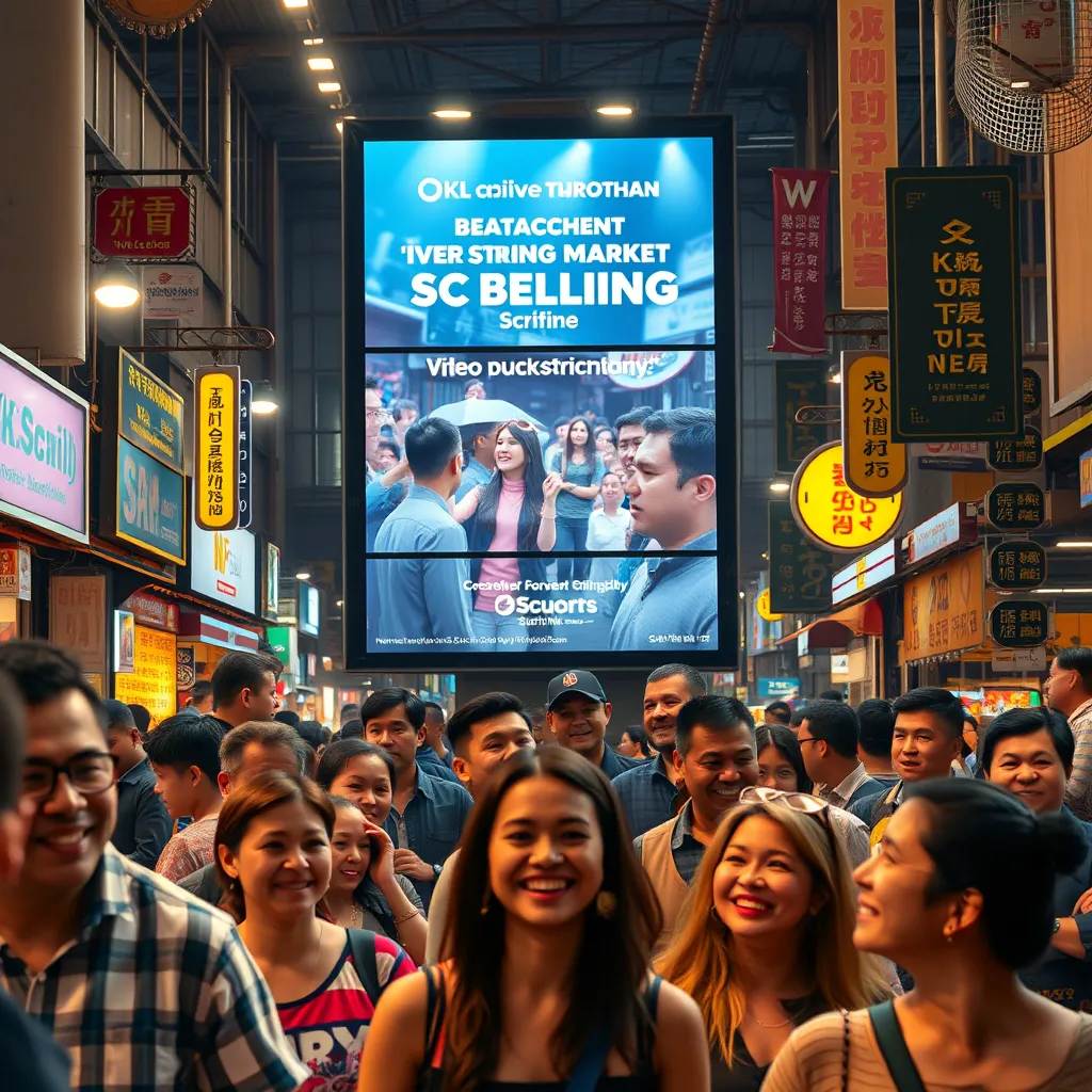 A bustling market scene featuring a digital billboard showcasing a captivating video scribing ad. Surrounding crowds of people are captivated, with smiles and engagement, highlighting the effectiveness of visual storytelling in brand marketing.