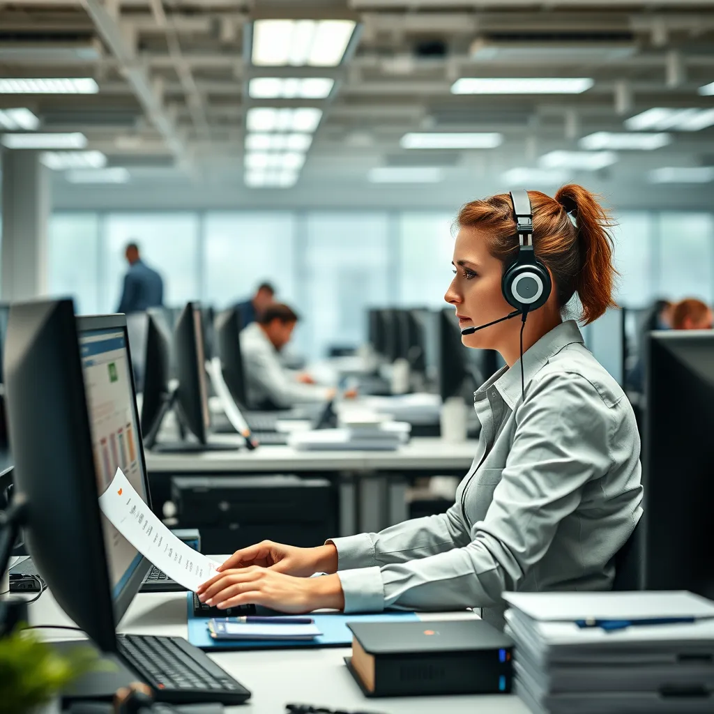 A busy office environment with multiple people working at desks, but one person stands out. They are a bookkeeper wearing a headset, efficiently managing invoices and data on a computer. The background shows a team working on different projects, but the focus is on the bookkeeper's organized workflow and the streamlined process they're executing.