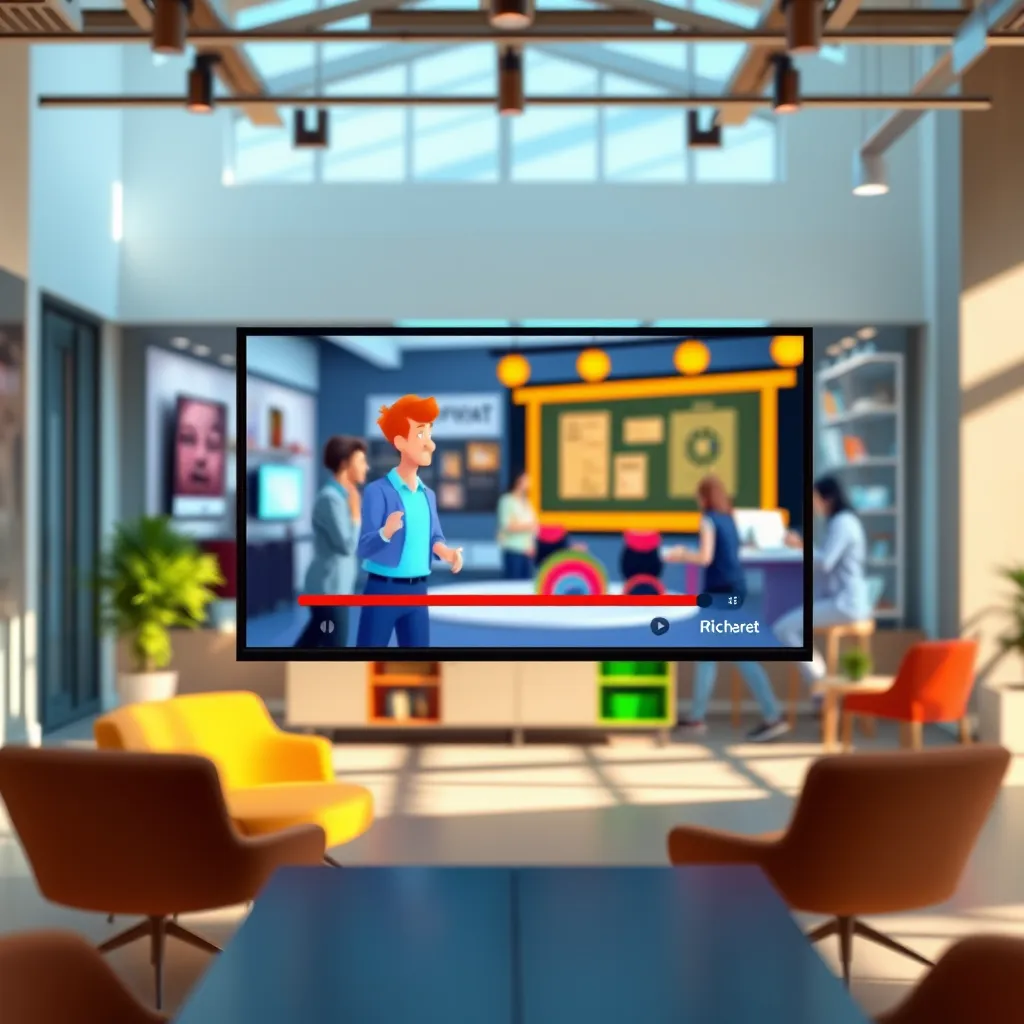 A captivating image of a captivating, colorful explainer video playing on a large screen in a modern office environment.  The video features a mix of 2D and 3D animation, with sleek graphics and bright, eye-catching visuals.  The office space has a minimalist design with natural light streaming in, creating soft, diffused lighting.  The screen is positioned at a slightly elevated angle, inviting viewers to immerse themselves in the video.  The background features a blurred image of a team of creative professionals working collaboratively on a project, further highlighting the collaborative nature of the video production process.  The color palette is vibrant and energetic, showcasing a dynamic and creative approach to video production.  The image should be rendered in 8K resolution, capturing every detail of the video and the office environment with exceptional clarity.