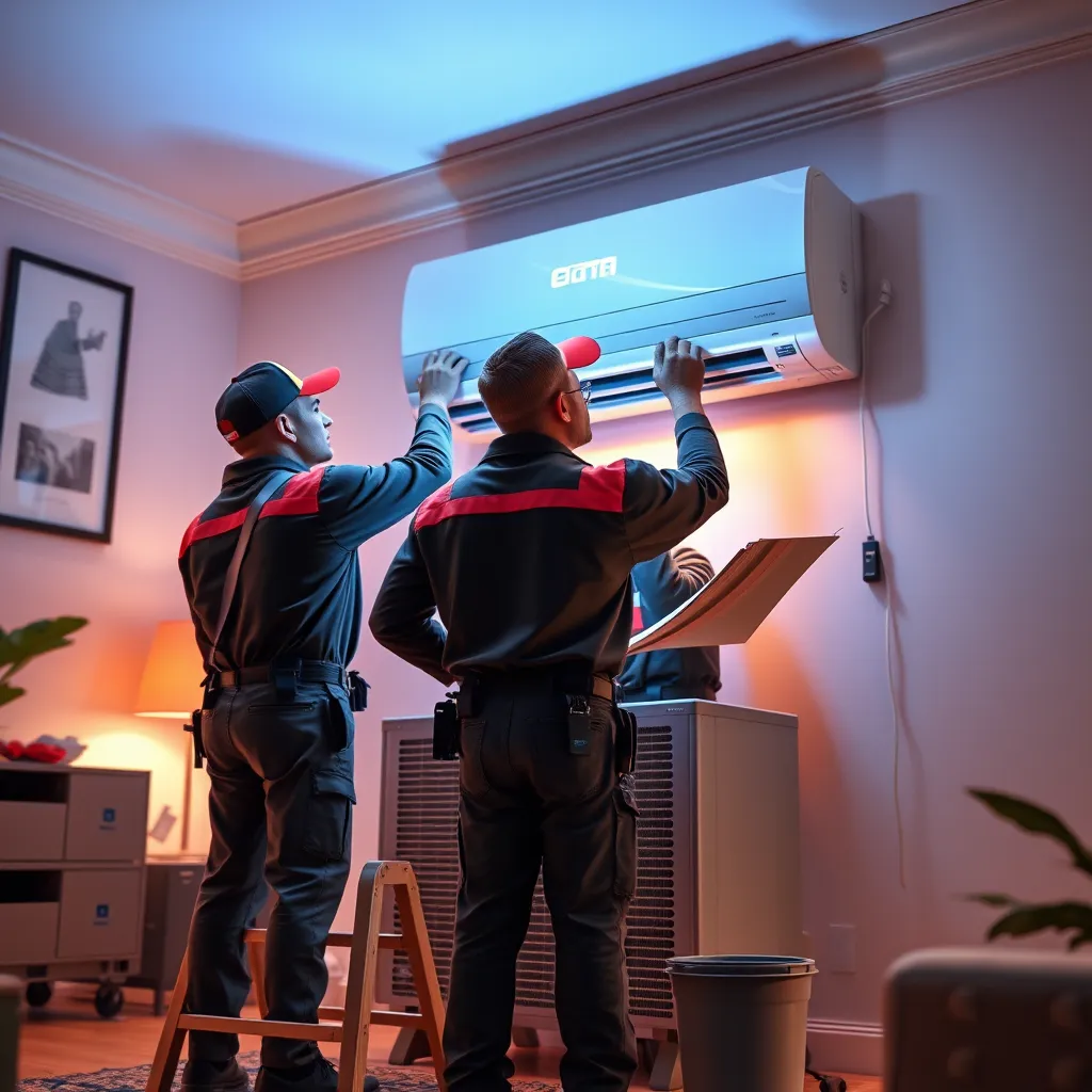 A cinematic animation featuring a team of technicians working efficiently and professionally on an AC installation. The scene should be set in a modern home, with the animation showcasing the team's skills and commitment to customer satisfaction.