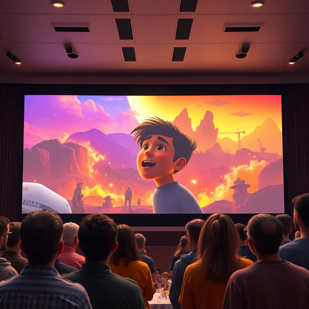 A cinematic animation video depicting a brand story, featuring a character going through different stages of their journey, with vibrant colors and dynamic scenes. The video is being played on a large screen with a group of people watching it attentively.