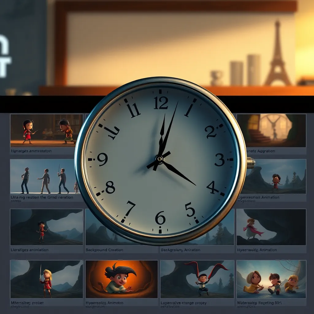 A clock with hands moving quickly, superimposed over a storyboard showing various animation stages, including character design, background creation, and animation.