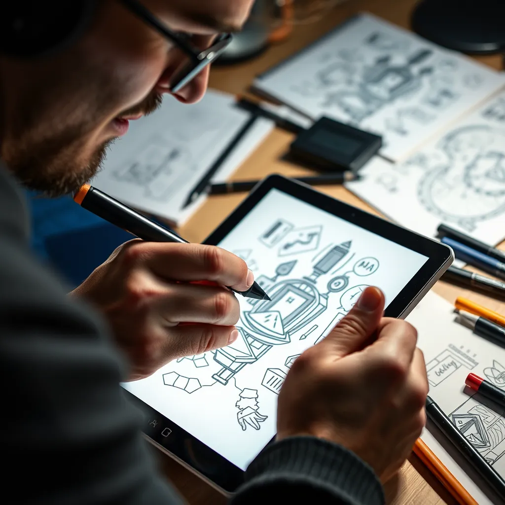 A close-up of a digital artist creating a custom video scribing animation on a tablet. Include sketches, digital markers, and design tools scattered around. Capture the artist's focused expression as they bring ideas to life, showcasing the personalization aspect.