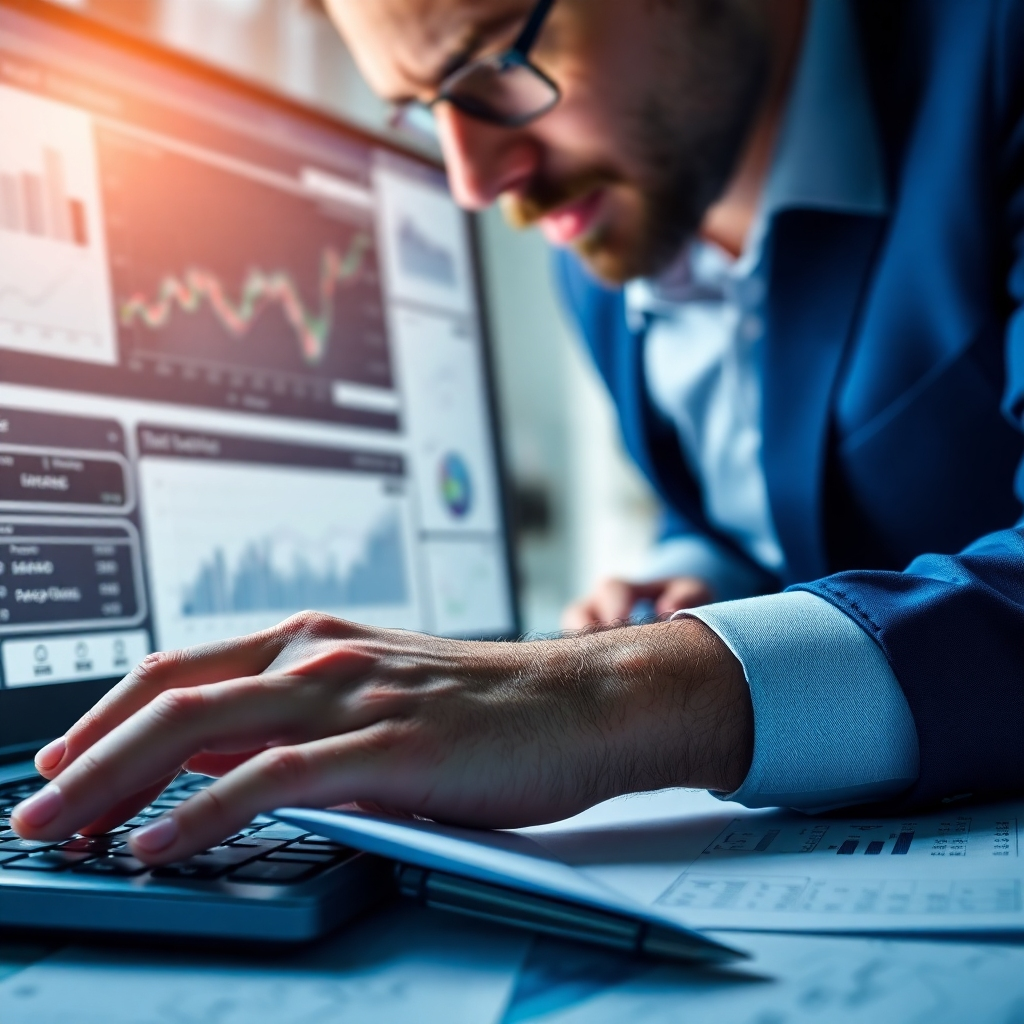 A close-up of an accountant analyzing financial figures on a computer screen, surrounded by financial charts and papers. The lighting is bright and focused, drawing attention to the accountant’s meticulous work. The colors are sleek and professional, with blues and grays creating a corporate feel. The texture details include the smooth gloss of the computer surface and the matte finish of financial documents. This image symbolizes deep expertise and attention to detail in financial management.