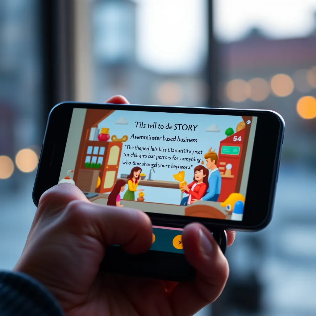 A close-up shot of a hand holding a smartphone, displaying an animated video that tells the story of a Westminster-based business. The animation should be visually appealing, with a clear narrative that highlights the company's values and mission. The scene should focus on the emotional impact of the video.