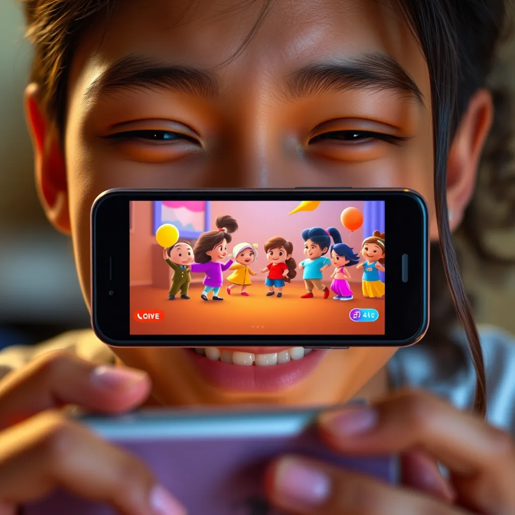 A close-up shot of a person's face, with a bright smile, watching a captivating animated video on their phone. The video shows colorful characters interacting in a vibrant and dynamic way, creating a sense of excitement and engagement.