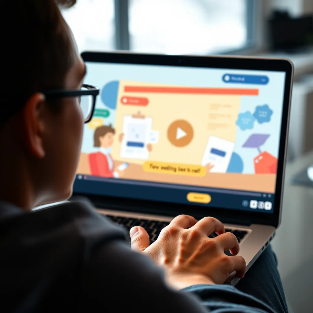 A close-up shot of a person watching an explainer video on their laptop. The video should be animated and visually engaging, with a clear call-to-action button at the bottom of the screen. The person's expression should be one of interest and engagement, with their eyes focused on the video. The background should be a blurred office setting, suggesting a professional context.