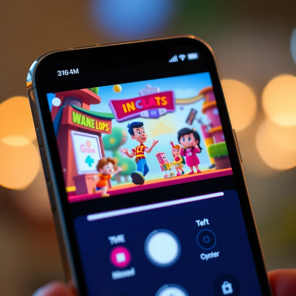 A close-up shot of a phone screen displaying a captivating animated video advertisement. The animation is bright and engaging, featuring characters and visuals that draw the viewer's attention. The video is seamlessly integrated with the phone's user interface, showcasing its effectiveness in digital marketing.