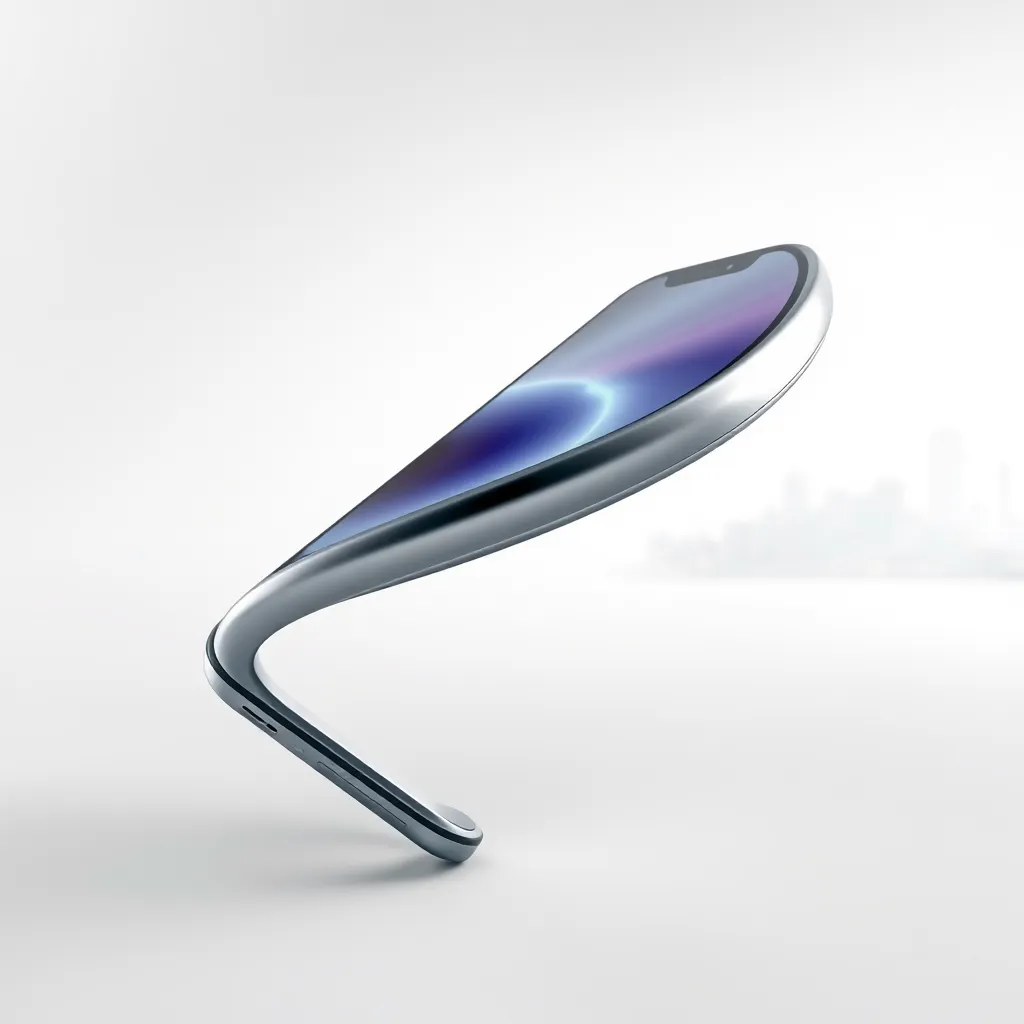 A close-up shot of a sleek, modern smartphone rotating in a 3D animation. The phone is rendered in hyperrealistic detail, showcasing its metallic finish, textured glass, and vibrant screen display. Dramatic side lighting creates sharp highlights and shadows, emphasizing the phone's curves and textures. The background is a minimalist, white studio environment with a soft, gradient transition to a blurry city skyline. The camera smoothly tracks the phone's rotation, capturing its every detail. Rendered in 8K resolution with ultra-realistic textures and materials. Style:  referencing the highly detailed product animations of Apple's marketing materials.