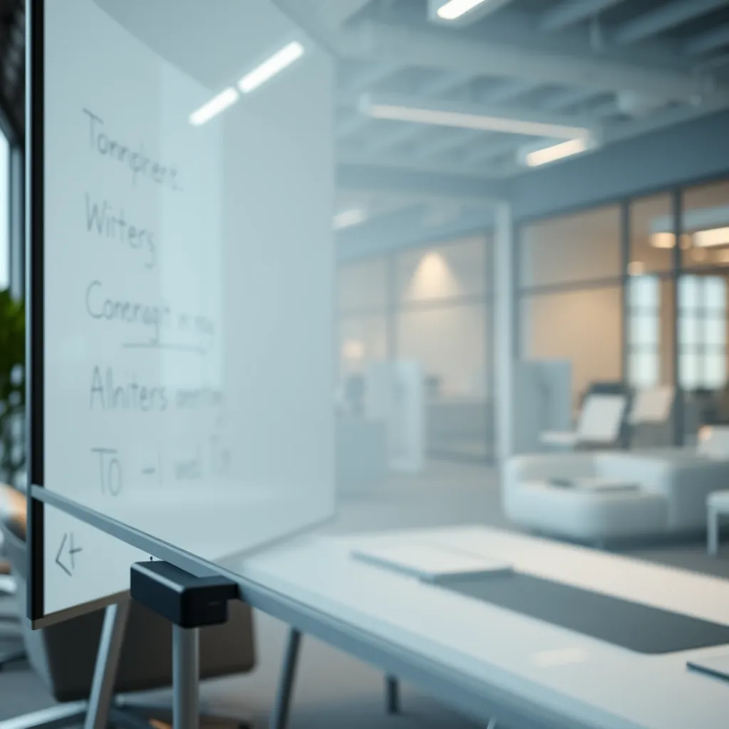 A close-up shot of a whiteboard animation in progress. The animation is smooth and fluid, with realistic hand-drawn elements. The scene is set in a modern office, with sleek furniture and technology.