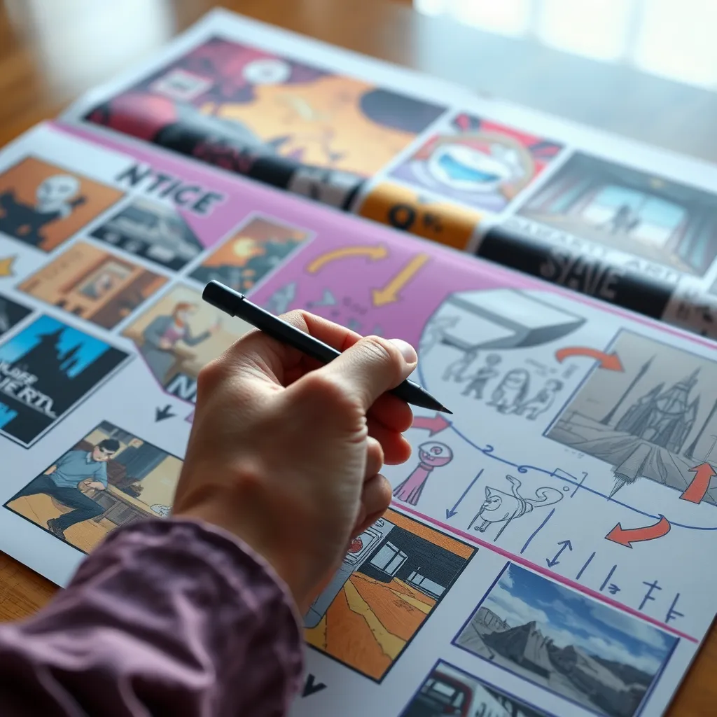 A close-up view of a colorful storyboard laid out on a table, featuring various scenes and sketches, with arrows indicating transitions. A hand is shown sketching a new scene, emphasizing the dynamic flow of visuals being planned.
