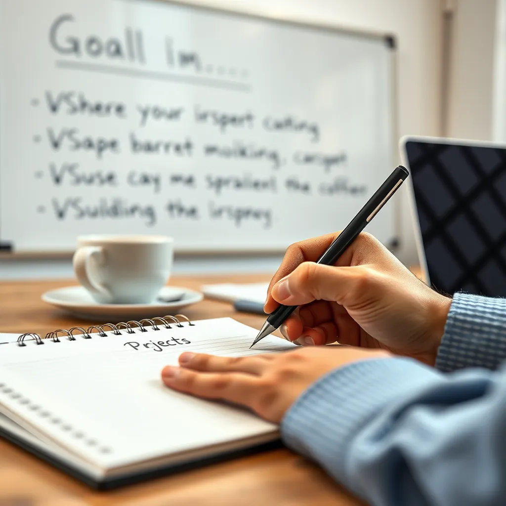 A close-up view of a notepad and a hand holding a pen, jotting down important project objectives, with blurred goals written on the whiteboard in the background. A cup of coffee and a laptop are present, creating a focused work environment emphasizing clarity and purpose.