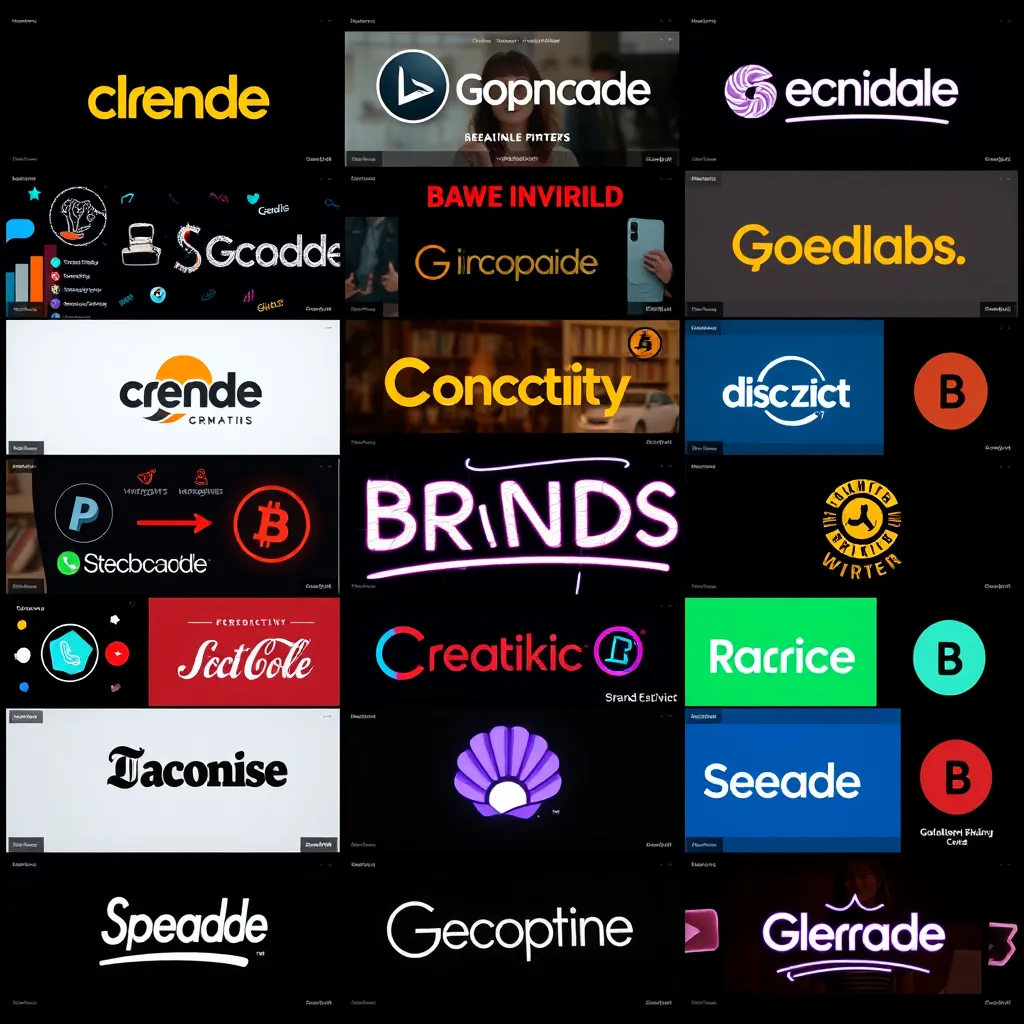 A collage of various video scribing snippets showcasing different brands' visual styles, colors, and logos. Highlight a range of industries, with clear depiction of brand personalities, using a warm and inviting atmosphere to reflect brand connections.