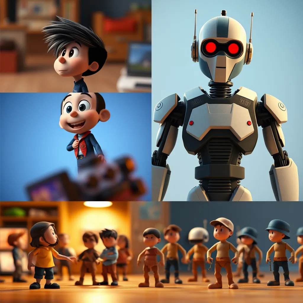 A collage showcasing different animation styles. One section features a 2D animated cartoon character, another shows a 3D rendered robot, and a third displays a stop-motion animation of clay figures.