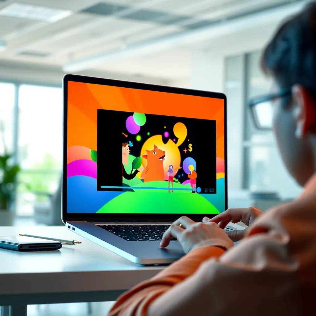A colorful and vibrant animation video playing on a laptop screen, with a person watching it with an interested and engaged expression. The background is a modern office setting with a minimalist design.