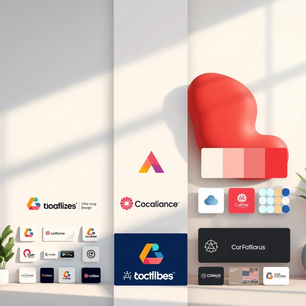 A comparison image displaying different styles of animation, including minimalist, colorful, and corporate designs, with samples of logos and color palettes next to them, in a professional setting, highlighting creativity and brand representation.