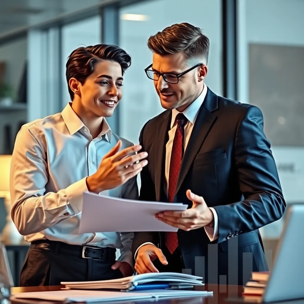 A confident accountant in a professional setting is explaining a complex financial concept to a client. The client is listening attentively, with a look of comprehension and relief on their face. They are surrounded by a visual representation of their business growth and success, emphasizing the value and positive impact of the accountant's services. The image should convey a sense of trust, expertise, and tangible results.