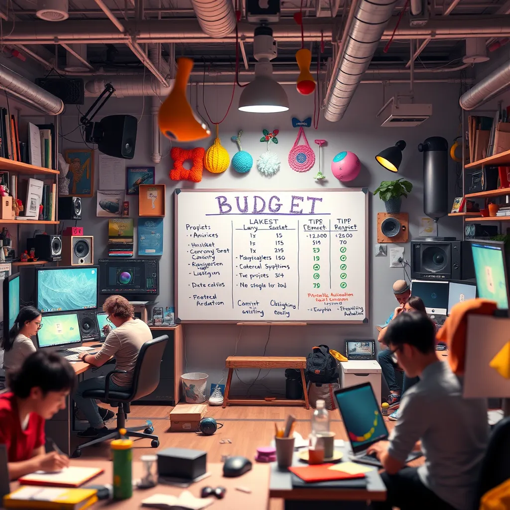 A creative studio filled with animators working on different projects. The scene is filled with vibrant colors, dynamic movement, and creative energy.  The center of the scene is a whiteboard with a detailed budget breakdown and tips for maximizing animation value. The lighting is bright and energetic, reflecting the bustling studio environment. The image is rendered in ultra-high resolution with photorealistic detail, capturing the vibrant colors, textures, and movement. The overall mood is energetic, inspiring, and collaborative. In the style of a modern, inspirational art book.