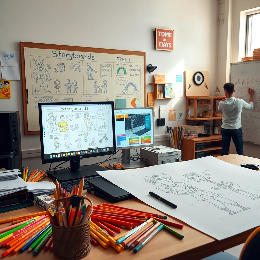 A creative workspace showing a storyboard with sketches of characters and scenes, colorful markers and pencils scattered around, a computer displaying animated graphics, and a person drawing ideas on a whiteboard, all in a bright and inspiring environment.