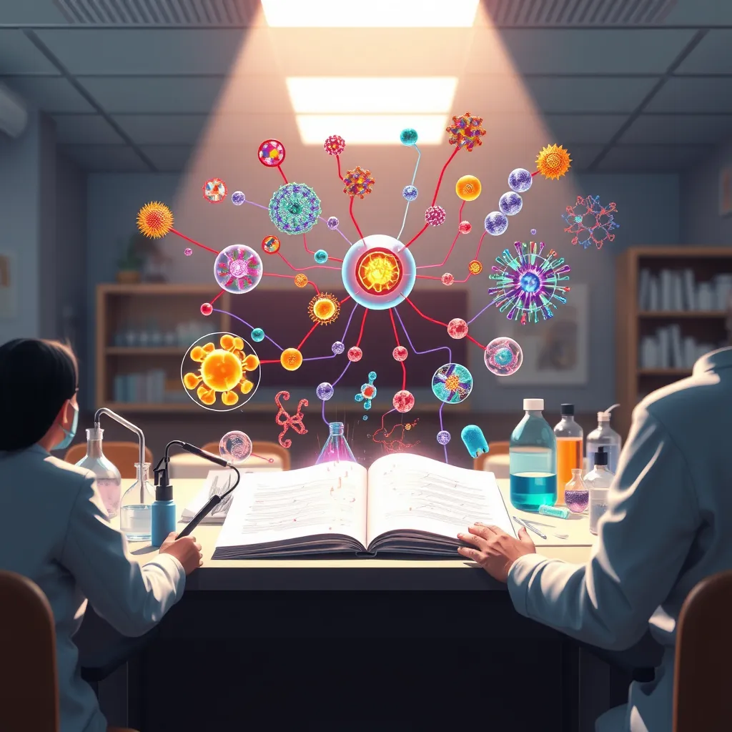 A detailed illustration depicting a complex scientific concept explained through a clear and visually appealing animation, with colorful graphics, dynamic transitions, and engaging visuals. The scene should be set in a laboratory or a classroom, emphasizing the educational aspect of the animation.