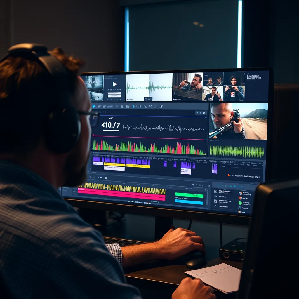 A detailed scene showing an editor in a modern video editing suite, closely examining the video timeline on a high-resolution monitor. Various graphics, sound waves, and notes should be visible on the screen, conveying an atmosphere of thorough review and professionalism.