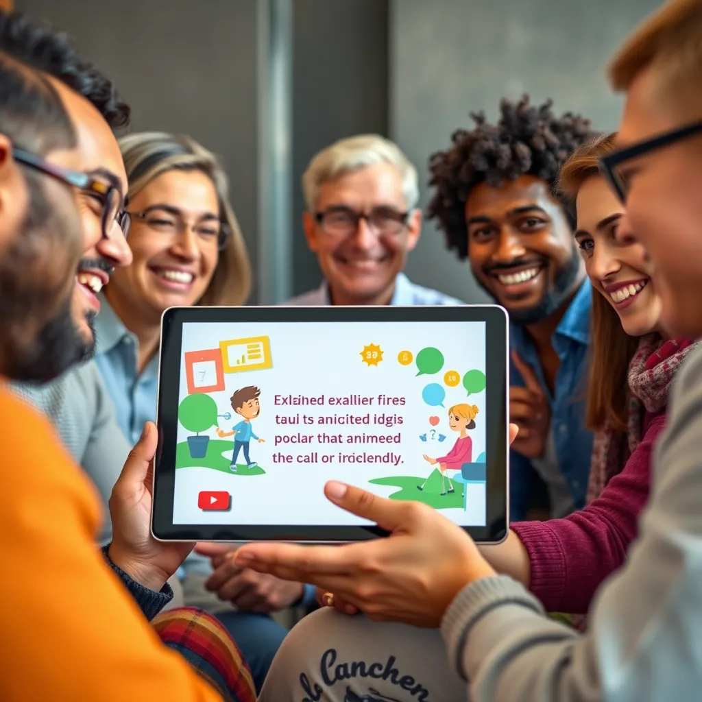A diverse group of people from different backgrounds watching an engaging animated explainer video on a tablet. The video features colorful visuals, simple animations, and a clear message. The people are smiling and nodding, understanding the message and enjoying the presentation.