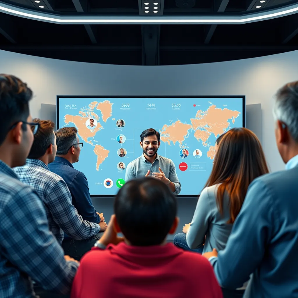 A diverse group of people from different countries, all connected online, watching a virtual presentation on a large screen, with a friendly, approachable virtual presenter in the center.