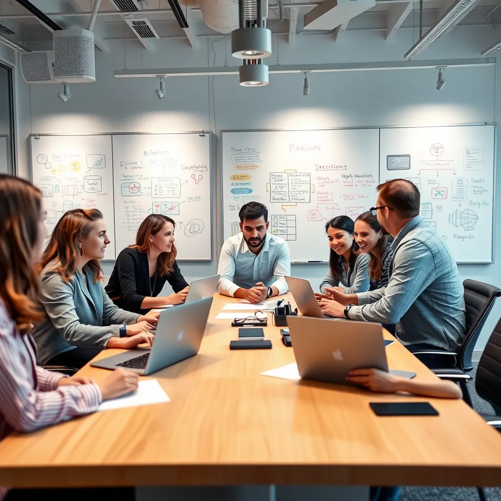 A diverse group of professionals gathered around a modern conference table, engaged in a brainstorming session. Whiteboards filled with colorful notes and sketches in the background. The atmosphere is collaborative and innovative, with a mix of digital devices like laptops and tablets, conveying a sense of teamwork and creativity.