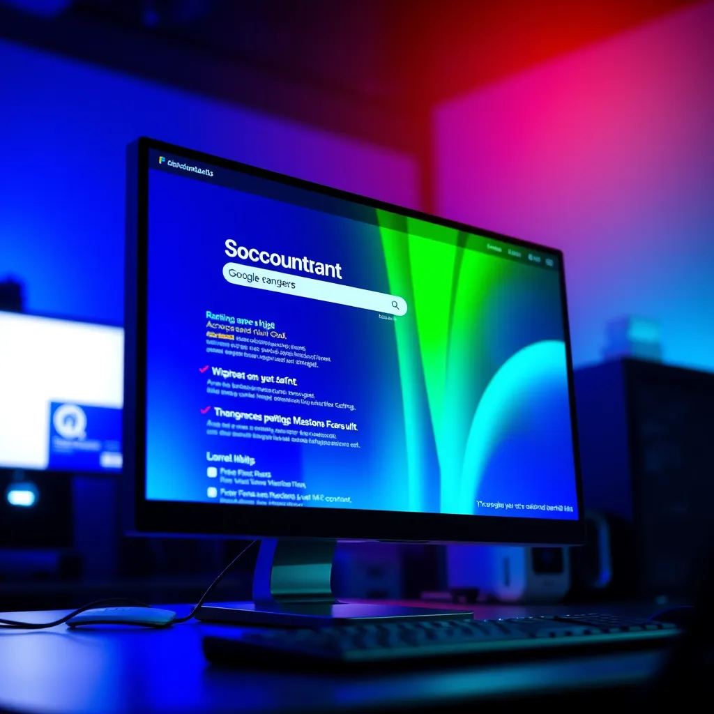 A dramatic, high-contrast image of a desktop computer with a large monitor displaying an accountant's website ranking high in Google search results. The image is composed in a dynamic way, with the monitor dominating the foreground and the background blurred, creating a sense of depth. The color palette is vibrant and energetic, with contrasting shades of blue and green, symbolizing growth and success. Render in 8K resolution, emphasizing the crisp details of the computer screen and the dynamic lighting effects, inspired by the style of a contemporary tech photographer.