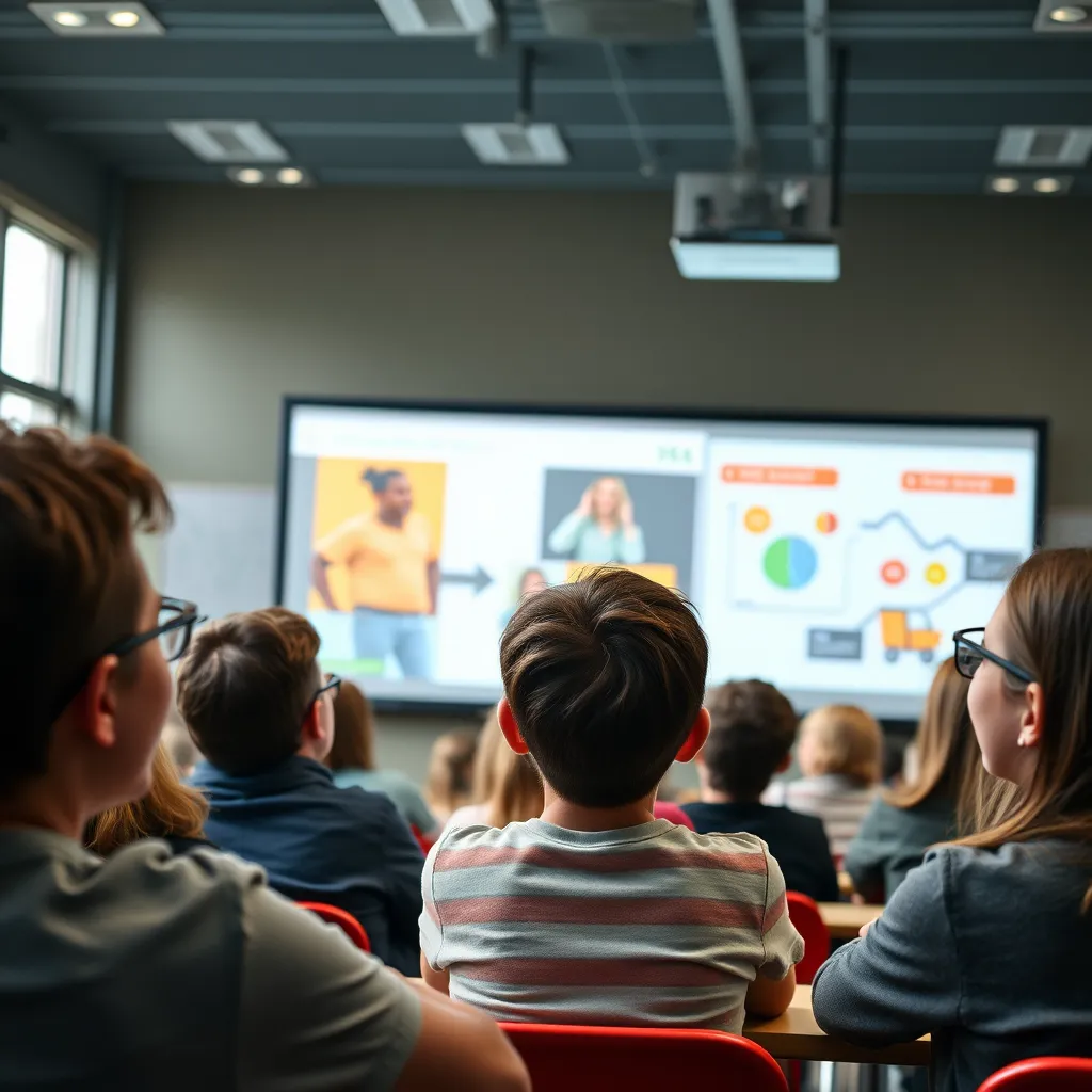 A dynamic classroom setting where students engage with a vibrant video scribing presentation projected on a screen. The audience, diverse in age and background, displays expressions of curiosity and enthusiasm, highlighting increased engagement and retention through visual learning.
