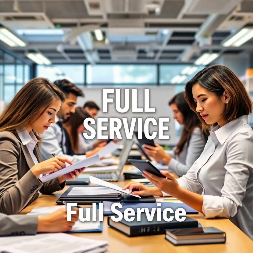A dynamic image showcasing the full service environment, with multiple accountants engaged in various tasks like bookkeeping, consulting, and filing. The office is bustling with activity, bright lighting reflecting urgency and efficiency. Clear textures on documents and electronic devices showcase a modern accounting firm in action. This engaging scene captures the essence of comprehensive accounting offerings.
