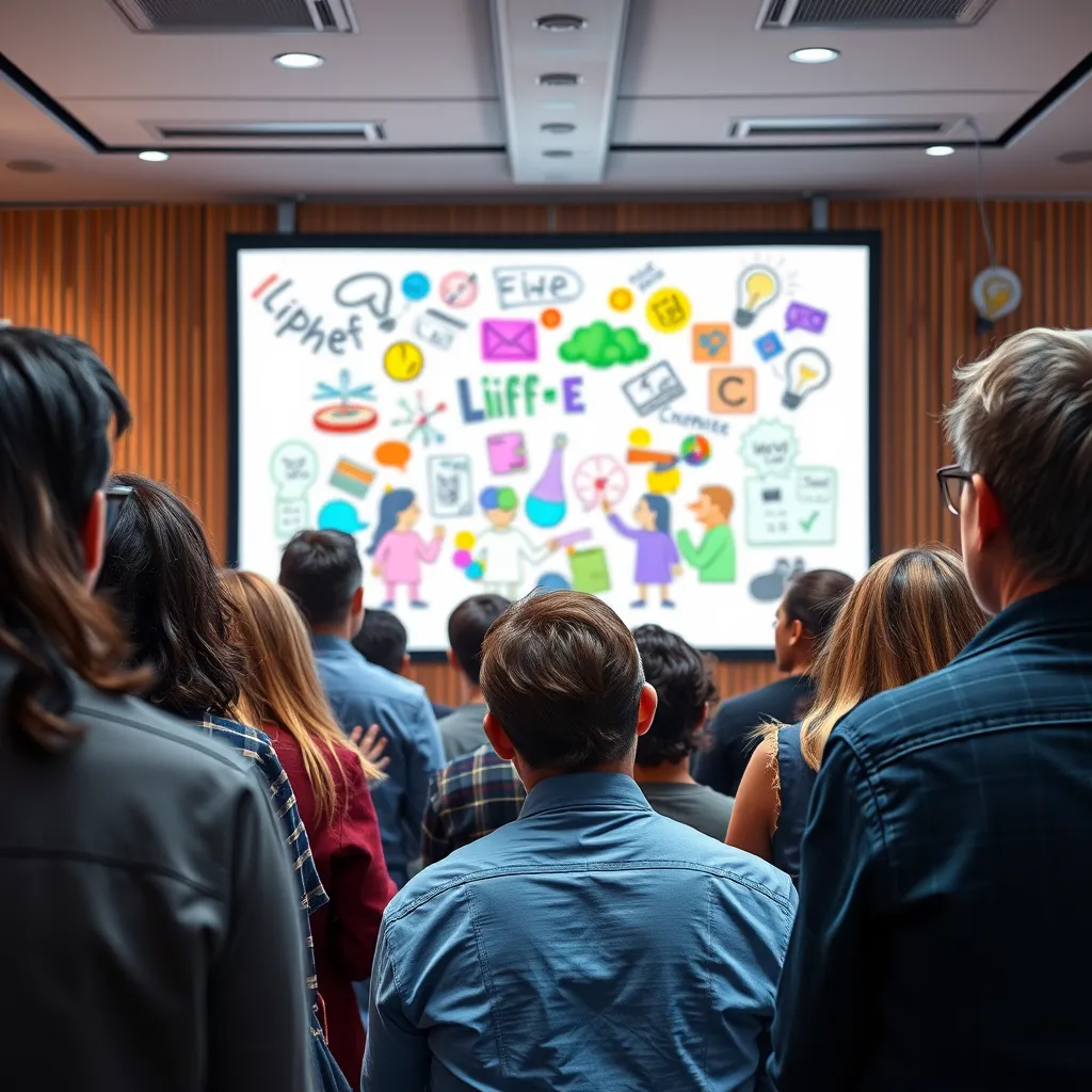 A dynamic scene showing a diverse group of people captivated by a video scribing presentation. The screen illustrates colorful hand-drawn animations coming to life, with lightbulb moments around them, capturing the essence of creativity and engagement.