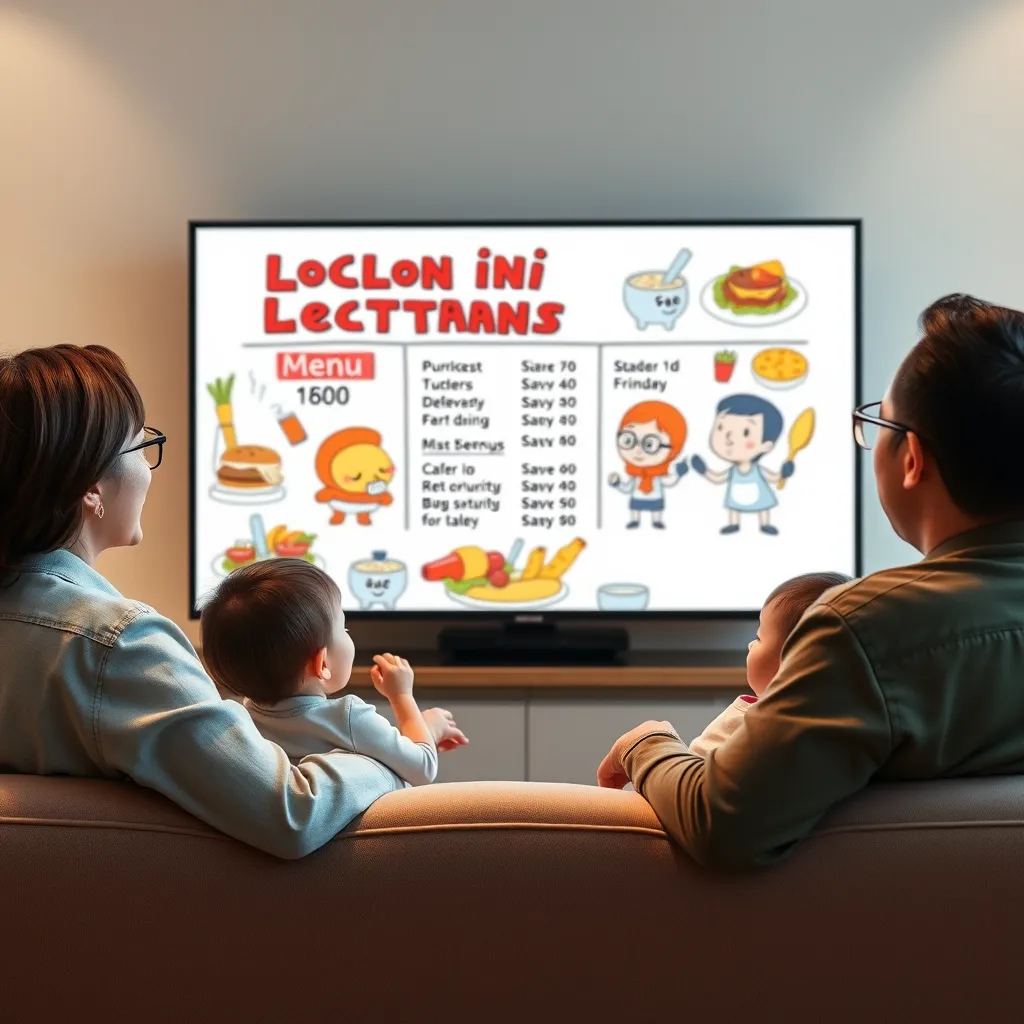 A family sitting on a couch watching a whiteboard cartoon video on a TV. The video features a local restaurant's menu with cartoon characters enjoying delicious dishes. The family should be smiling and interacting with the video.