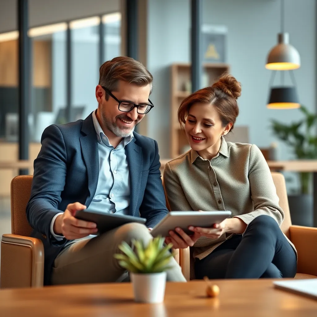 A friendly accountant sitting with a client, explaining a complex financial concept through a simple animation on a tablet screen. The background should be a modern office, with a calm and inviting atmosphere.