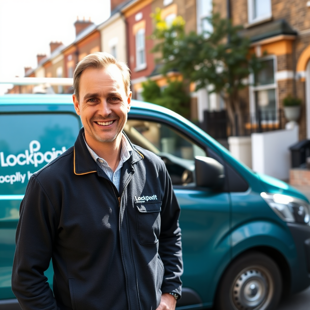 LockPilot Locksmith team member working on a lock with the company van in the background