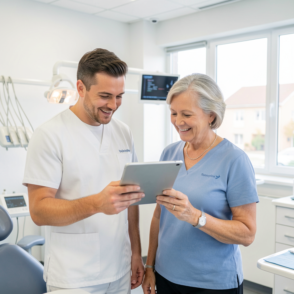 Dentist discussing care with patient