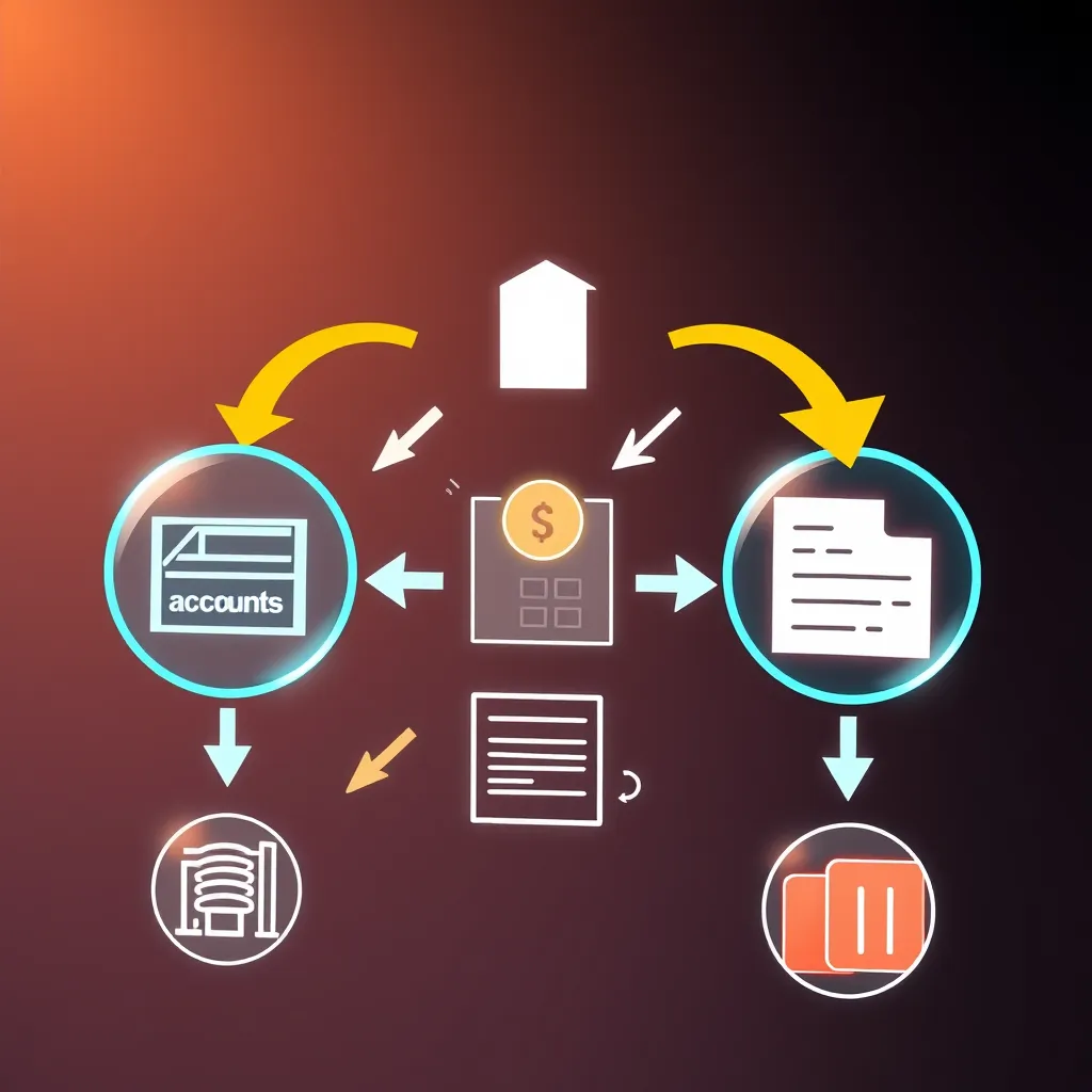 A graphic representation of a complex financial process, such as accounts payable or receivable, with arrows showing how it's simplified and automated by professional bookkeeping services. The image should use bright colors and a modern, minimalist design.