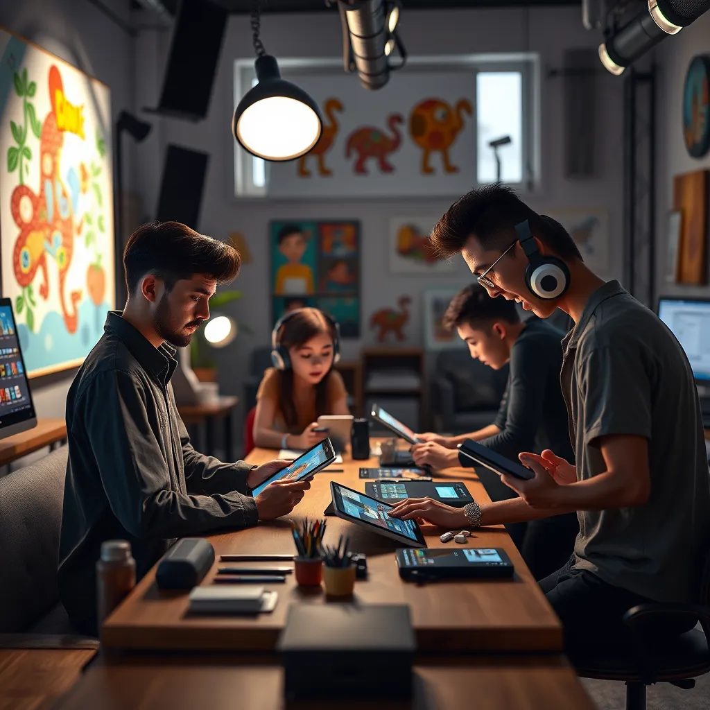 A group of animators collaborating on a 30-second animation project in a modern studio. The studio should be filled with high-tech equipment and colorful artwork. The animators should be using tablets and software to create the animation.