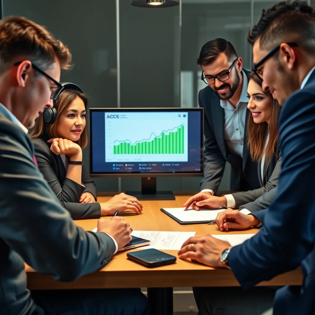 A group of diverse business professionals, including accountants, lawyers, and entrepreneurs, gathered around a table, looking intently at a laptop screen showing a financial chart and an explainer video about accounting software. The video is playing on the screen, and the professionals are engaged in a conversation, nodding and taking notes. The atmosphere is professional yet relaxed, with a focus on collaborative learning and problem-solving.