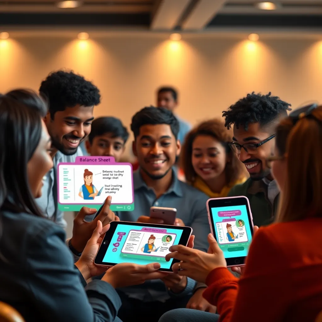A group of diverse people are watching an engaging animated explainer video on their smartphones and tablets. The video features bright colors, simple animations, and clear explanations of accounting terms, such as 'balance sheet' and 'income statement'. The people are smiling and nodding, indicating they are easily understanding the information.