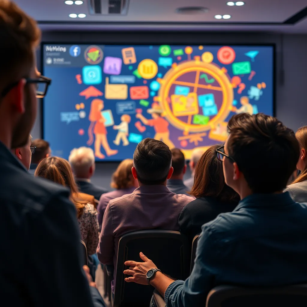 A group of diverse viewers attentively watching a large screen displaying a vibrant video scribing animation. Their fascinated expressions convey the powerful influence of visual storytelling on audience engagement and learning, set in a modern presentation room.
