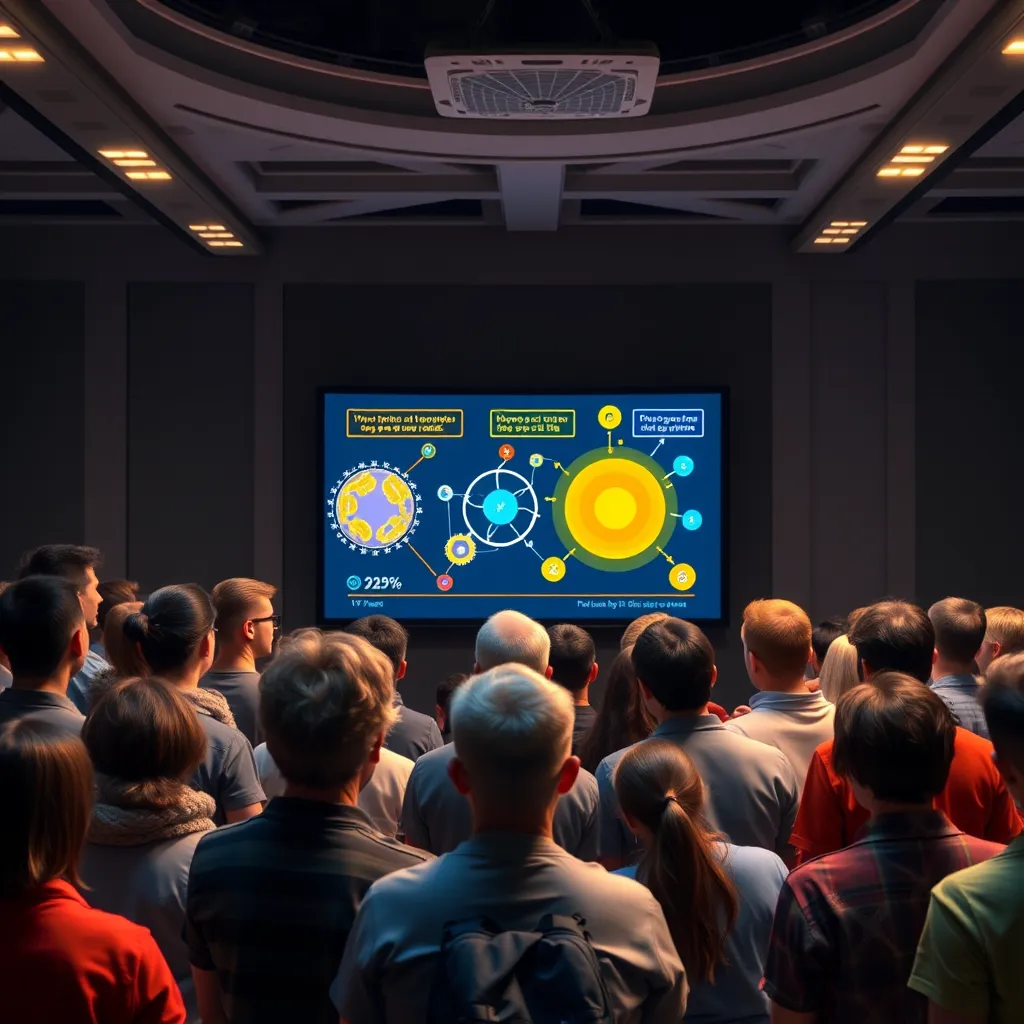 A group of people gathered around a screen watching a video animation that explains a complex scientific concept in a simple and engaging way. The animation uses bright colors, clear visuals, and dynamic movement to convey the information effectively. The audience is engaged and attentive, demonstrating the effectiveness of the animation in simplifying complex ideas.